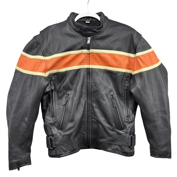 MOB Leather Jacket Mens Medium Black Orange Stripe Premium Cowhide Distressed